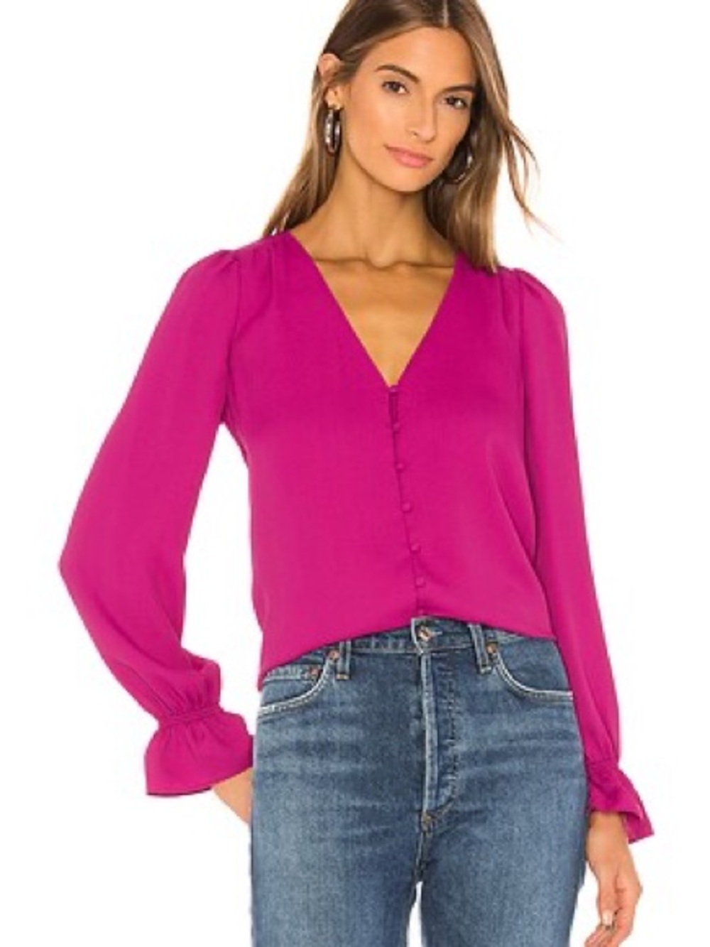 Joie Magenta V-Neck Long Sleeve Blouse with Covered Buttons
